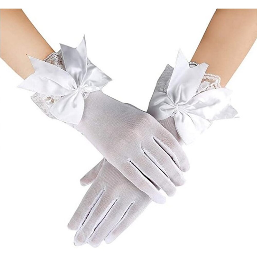 Women's Bow Ruffle White Border Tulle Mesh Short Lace Gloves Wedding Party Prom